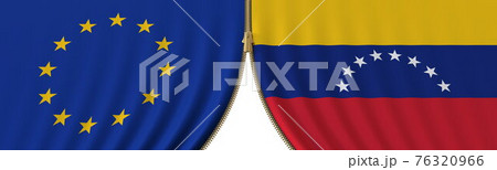 EU and Venezuela political cooperation or conflict, flags and closing or opening zipper, conceptual 3D rendering EU and Venezuela political cooperation or conflict, flags and closing or opening zipper, conceptual 3D rendering 76320966
