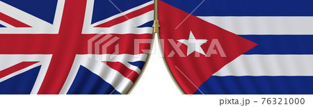 the United Kingdom and Cuba political cooperation or conflict, flags and closing or opening zipper, conceptual 3D rendering 76321000