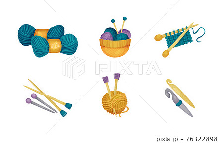 Crewel or Wool Balls and Knitting Needle or Knitting Pin as Needlework Vector Set Crewel or Wool Balls and Knitting Needle or Knitting Pin as Needlework Vector Set 76322898