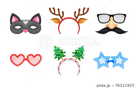 Carnival or Party Headband and Masks with Deer Antler and Moustache Vector Set 76322955