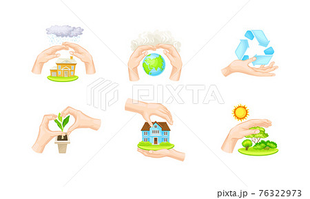 Hands Protecting Earth and Eco System Covering Green Vegetation and Globe with Palms Vector Illustration Set Hands Protecting Earth and Eco System Covering Green Vegetation and Globe with Palms Vector Illustration Set 76322973