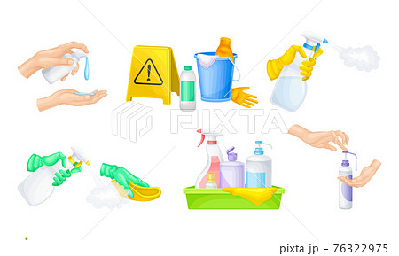 Bacterial Purification and Disinfection with Detergent and Disinfectant in Dispenser Bottle and Hand Using Aerosol Spray Vector Set Bacterial Purification and Disinfection with Detergent and Disinfectant in Dispenser Bottle and Hand Using Aerosol Spray Vector Set 76322975