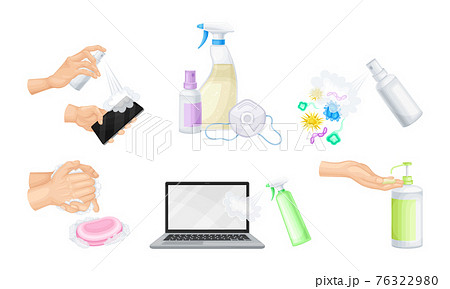 Bacterial Purification and Disinfection with Detergent and Disinfectant in Dispenser Bottle and Hand Using Aerosol Spray Vector Set Bacterial Purification and Disinfection with Detergent and Disinfectant in Dispenser Bottle and Hand Using Aerosol Spray Vector Set 76322980