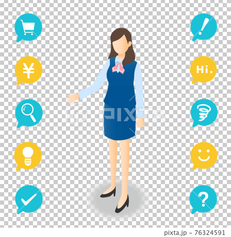 Isometric illustration Female office worker with one hand open With balloon icon Isometric illustration Female office worker with one hand open With balloon icon 76324591