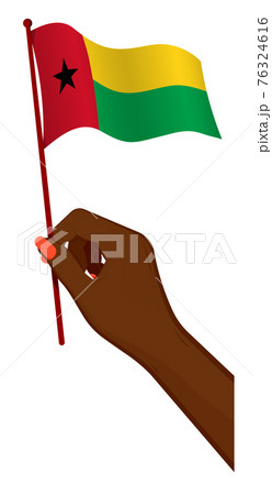 Female hand gently holds small flag of Guinea Bissau. Holiday design element. Cartoon vector on white background