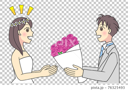 新婦にピンクのバラの花束を渡す新郎のイラスト素材