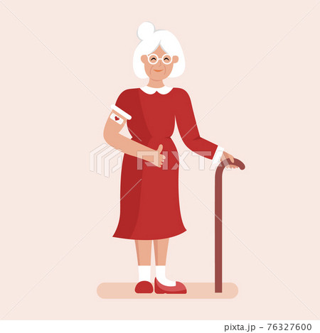 Vaccination for senior people. Elderly woman pulls up the sleeve of her dress to reveal the vaccination bandage. Coronavirus vaccination. Vector illustration in flat style for poster, flyer. Eps 10. Vaccination for senior people. Elderly woman pulls up the sleeve of her dress to reveal the vaccination bandage. Coronavirus vaccination. Vector illustration in flat style for poster, flyer. Eps 10. 76327600