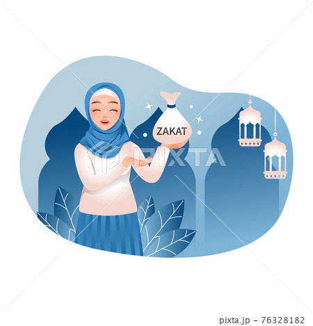 Muslim woman give alms or zakat in the month of Ramadan. Charity concept. Cartoon style vector design Muslim woman give alms or zakat in the month of Ramadan. Charity concept. Cartoon style vector design 76328182