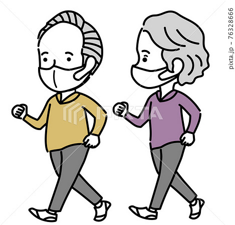 ウォーキングするマスクを着用したシニア男女のイラスト素材