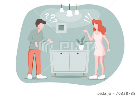 Divorce, breakup love concept. Married couple quarrels, woman accuses man of something, misunderstanding, resentment, argument and manipulation in love relationship.. Relationship problem, vector. Divorce, breakup love concept. Married couple quarrels, woman accuses man of something, misunderstanding, resentment, argument and manipulation in love relationship.. Relationship problem, vector. 76328738