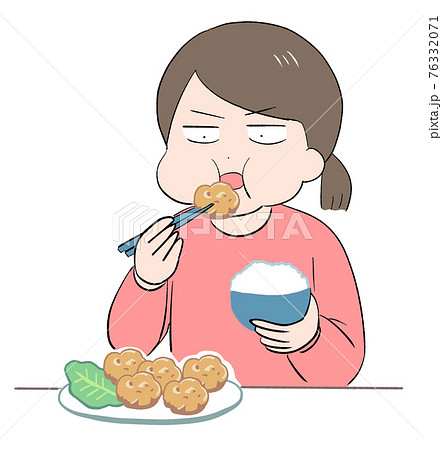 唐揚げとご飯を食べる女性のイラスト素材