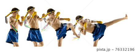 Little boy exercising thai boxing on white background. Fighter practicing, training in martial arts in action, motion. Evolution of movement, catching moment. Little boy exercising thai boxing on white background. Fighter practicing, training in martial arts in action, motion. Evolution of movement, catching moment. 76332196