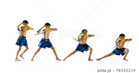 Little boy exercising thai boxing on white background. Fighter practicing, training in martial arts in action, motion. Evolution of movement, catching moment. Little boy exercising thai boxing on white background. Fighter practicing, training in martial arts in action, motion. Evolution of movement, catching moment. 76332214