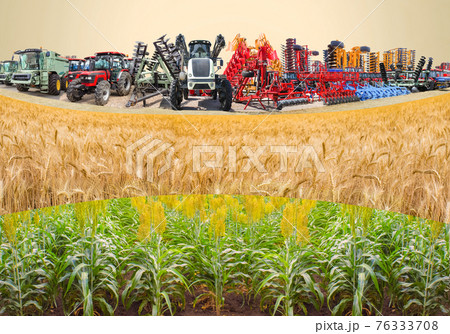 Collage about farm, agriculture, farming. Concept of equipment readiness for agricultural work - for sowing and harvesting wheat 76333708