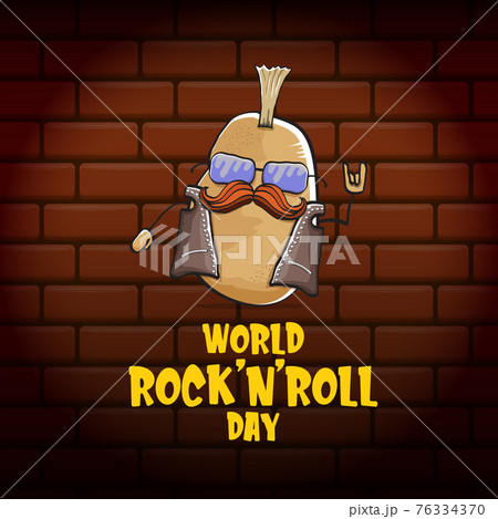 World rock n roll day poster with potato cartoon character isolated on brick wall background. Rock n roll day poster design template World rock n roll day poster with potato cartoon character isolated on brick wall background. Rock n roll day poster design template 76334370