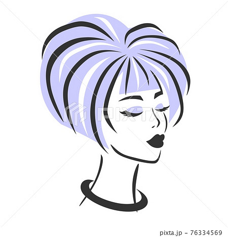 Sketch of a beautiful woman's face. The head of a girl with closed eyes, long eyelashes, beautiful lips, short bob hair, decoration on the neck. Blue eyeshadow and straight hair. Vector illustration. Sketch of a beautiful woman's face. The head of a girl with closed eyes, long eyelashes, beautiful lips, short bob hair, decoration on the neck. Blue eyeshadow and straight hair. Vector illustration. 76334569