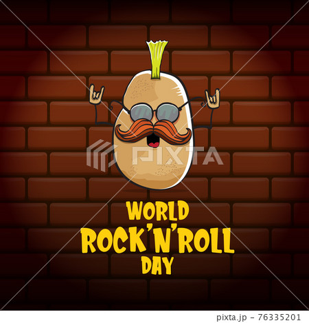 World rock n roll day poster with potato cartoon character isolated on brick wall background. Rock n roll day poster design template World rock n roll day poster with potato cartoon character isolated on brick wall background. Rock n roll day poster design template 76335201