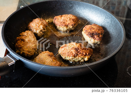 frying of russian Kotleta (minced steaks) in pan frying of russian Kotleta (minced steaks) in pan 76336105