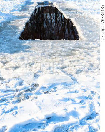 long ice-hole in frozen snow-covered river long ice-hole in frozen snow-covered river 76336135