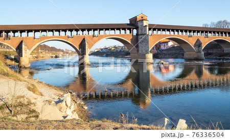 panoramic view of Ponte Coperto bridge in Pavia panoramic view of Ponte Coperto bridge in Pavia 76336504
