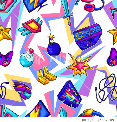 Seamless pattern with gaming items. Cyber sports, computer games, fun recreation. 76337109