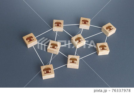 Blocks of networked commercial stores or shops. Franchising concept. Business franchise empire. Area coverage availability system. Logistics and supply. Commercial association. Retail network. 76337978