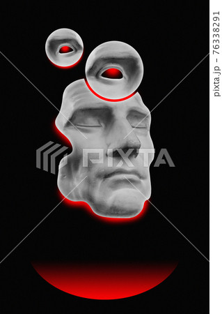 Antique sculpture of human face surreal collage in pop art style. Modern image with cut details of statue head. Red eyes. Dark concept. Zine culture. Contemporary art poster. Funky retro minimalism. Antique sculpture of human face surreal collage in pop art style. Modern image with cut details of statue head. Red eyes. Dark concept. Zine culture. Contemporary art poster. Funky retro minimalism. 76338291