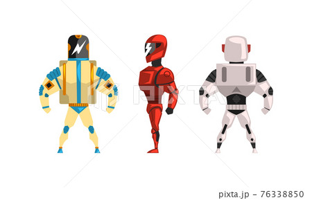 Robot Superhero Figures in Helmet and Armored Costume Vector Set 76338850