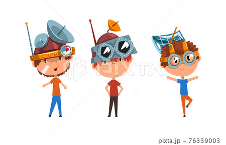 Kids Wearing Steampunk Headgear and Goggles Set, Scientist Children Working on Science Experiments Vector Illustration Kids Wearing Steampunk Headgear and Goggles Set, Scientist Children Working on Science Experiments Vector Illustration 76339003
