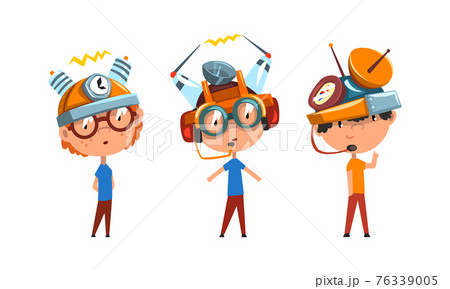 Cute Kids Wearing Steampunk Headgear Set, Scientist Children Working on Science Experiments Vector Illustration Cute Kids Wearing Steampunk Headgear Set, Scientist Children Working on Science Experiments Vector Illustration 76339005