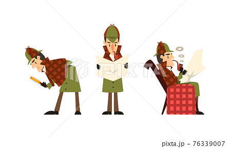 Sherlock Holmes Character Investigating Crime, Detective Man in Vintage Clothes Smoking Pipe Vector Illustration Sherlock Holmes Character Investigating Crime, Detective Man in Vintage Clothes Smoking Pipe Vector Illustration 76339007