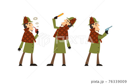 Sherlock Holmes Character Investigating Crime, Detective Man in Vintage Clothes Smoking Pipe, Looking through Magnifying Glass Vector Illustration Sherlock Holmes Character Investigating Crime, Detective Man in Vintage Clothes Smoking Pipe, Looking through Magnifying Glass Vector Illustration 76339009