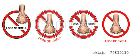 Anosmia, loss ability to smell icon set. Covid-19 infection. Respiratory disease symptom. Nose organ of scent with red warning sign. Difficulty perceiving odors. Colored symbols. Vector 76339150