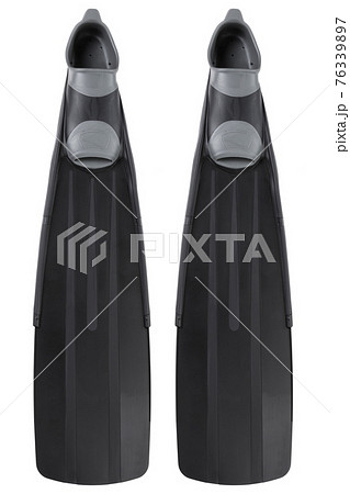 a pair of long black fins for underwater hunters or for free divers, on a white background 76339897