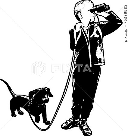 boy holding binoculars and his dog silhouette - vector 76339985