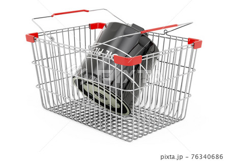 Shopping basket with car oil filter, 3D rendering 76340686