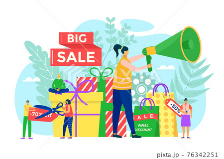 Big sale concept, vector illustration. Man woman people character make promo about discount, lower price promotion in store. Customer make purchase 76342251