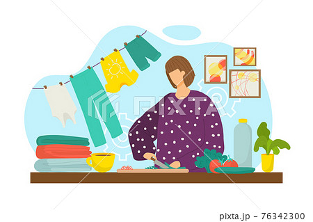 Housewife cok meal dinner at home, vector illustration. Cooking healthy lunch woman at cartoon kitchen, food preparation. Female person characetr Housewife cok meal dinner at home, vector illustration. Cooking healthy lunch woman at cartoon kitchen, food preparation. Female person characetr 76342300