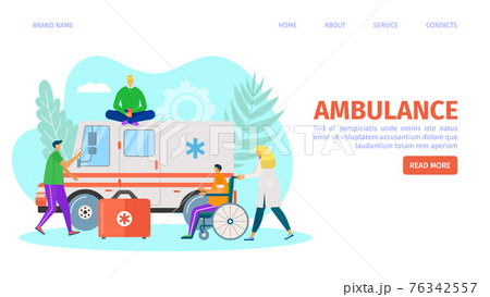 Ambulance car, landing page vector illustration. Man people character near emergency transport, medical help for cartoon patient concept. 76342557