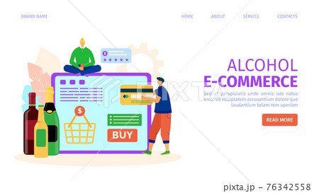 Alcohol ecommerce, flat web page design, vector illustration. Sale drink to man woman people customer character in internet. Buy bottles online Alcohol ecommerce, flat web page design, vector illustration. Sale drink to man woman people customer character in internet. Buy bottles online 76342558