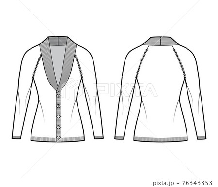 Cardigan Shawl collar Sweater technical fashion illustration with long raglan sleeve, fitted body, knit rib trim, button 76343353