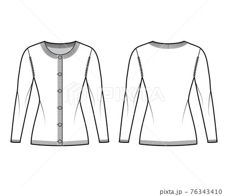Round neck cardigan technical fashion illustration with long sleeves, fitted body, hip length, knit rib cuff. apparel 76343410