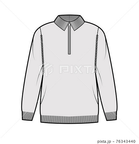 Zip-up Sweater technical fashion illustration with rib henley neck, classic collar, long sleeves, oversized, hip length Zip-up Sweater technical fashion illustration with rib henley neck, classic collar, long sleeves, oversized, hip length 76343440