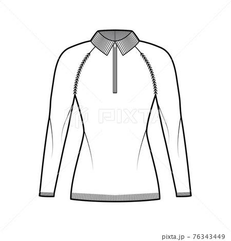 Zip-up Sweater technical fashion illustration with rib henley neck, long raglan sleeves, fitted body, hip length 76343449