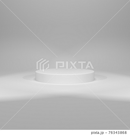 3D rendering of white round pedestal on white background with two spot lights 76343868
