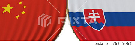 China and Slovakia political cooperation or conflict, flags and closing or opening zipper, conceptual 3D rendering 76345064