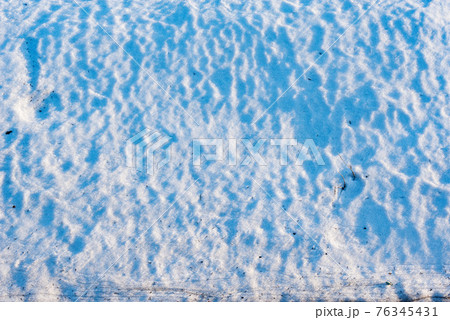 Dirty melting snow surface at early spring sunset time. 76345431