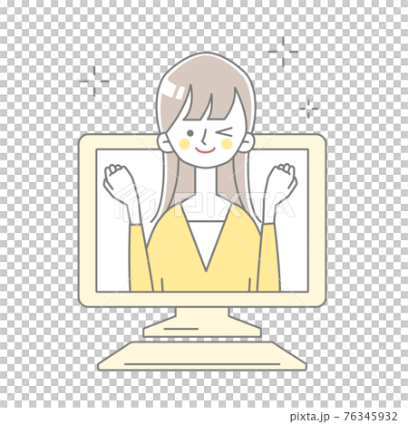 パソコンからガッツポーズしている女性が飛び出しているイラスト 76345932