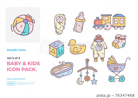 Set of hand drawn doodle cute baby and kids care fill color icons for newborn with toys, food, accessories sign symbol vector illustration Set of hand drawn doodle cute baby and kids care fill color icons for newborn with toys, food, accessories sign symbol vector illustration 76347468