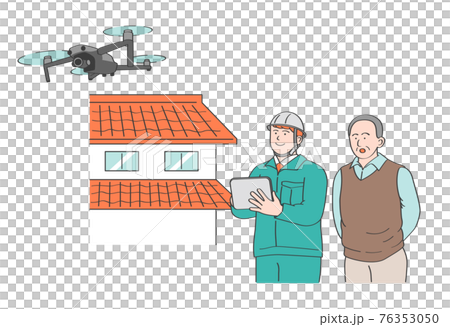 ドローンを操作する作業員と見守る老人 76353050
